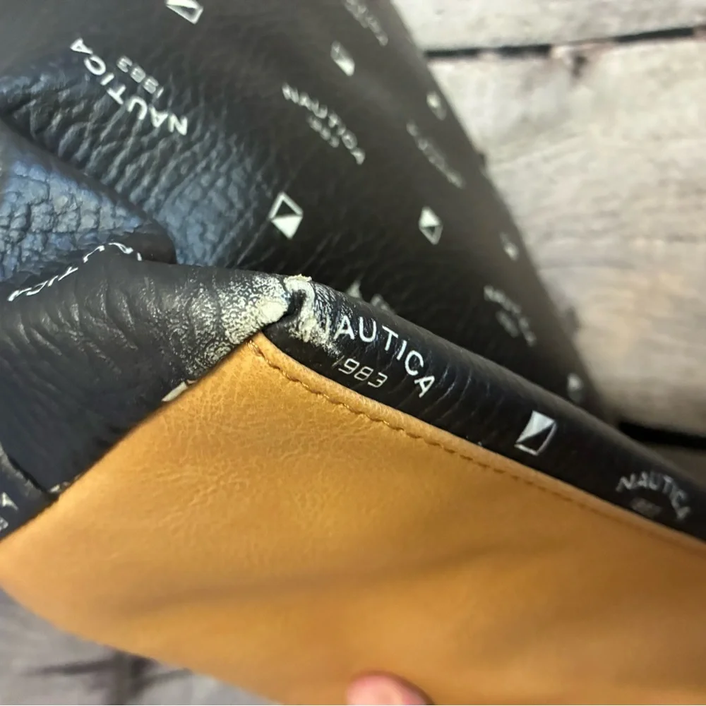 5/$20 Nautica 1983 Logo Zippered Boat‎ Tote Bag Black Camel Cream Patchwork ASIS